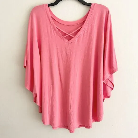 Anna Ava Coral Pink Poncho Style Top Slouchy One Size Flutter Sleeve Jersey Knit - Picture 2 of 6